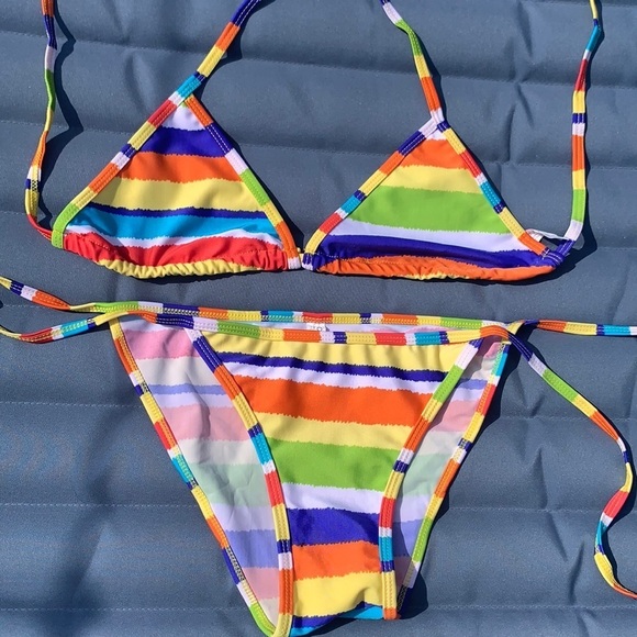 Rainbow Striped String Bikini - Picture 4 of 7